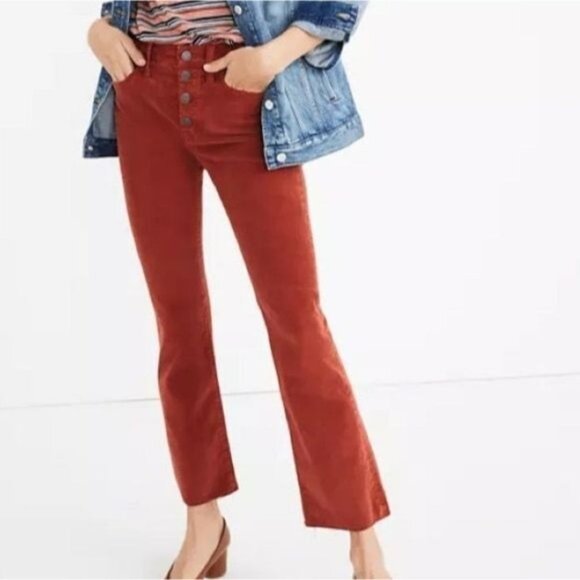 Madewell Cali Demi-Boot Corduroy Pants 26 Rust Red High-Rise Button Fly Flare - Picture 1 of 16